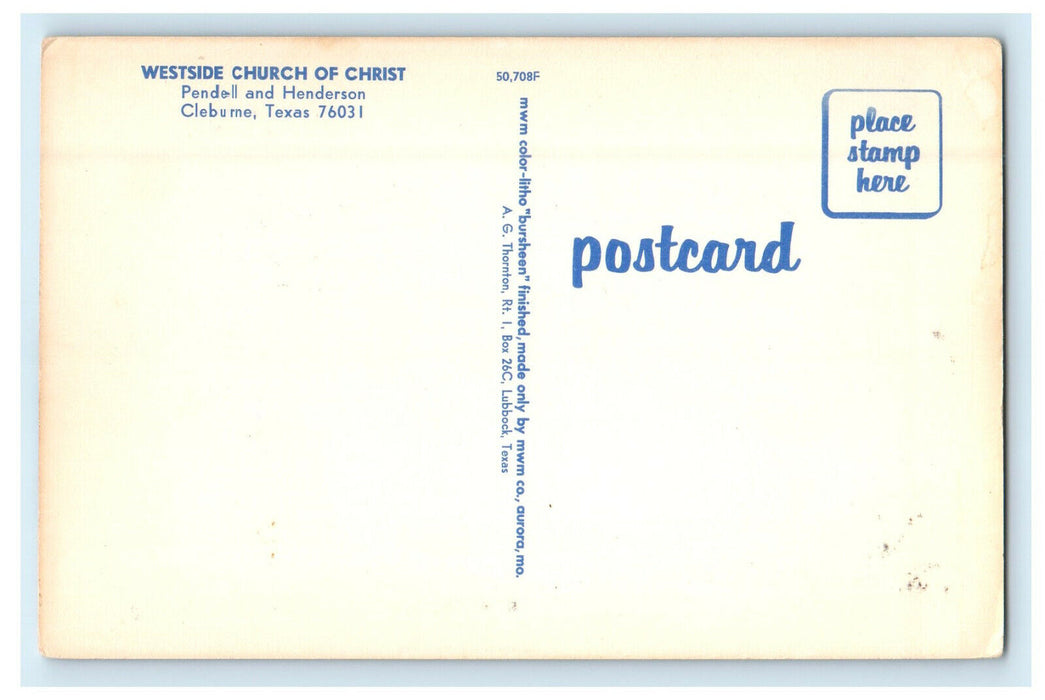 c1950s Westside Church of Christ Pendell & Henderson Cleburne Texas TX Postcard