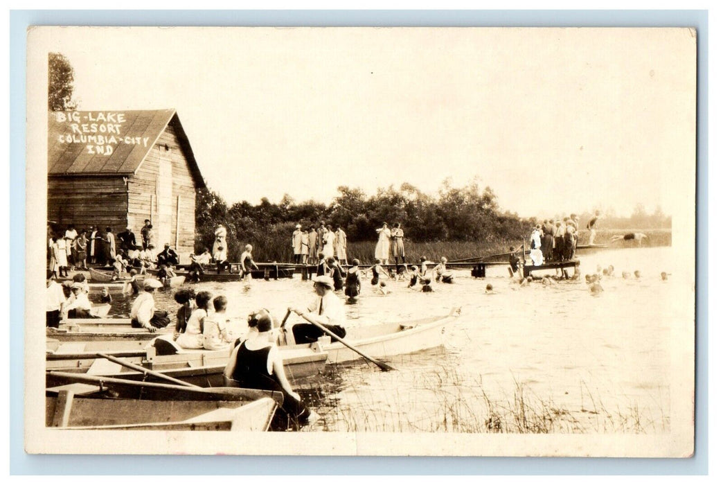 c1910's Big Lake Resort Columbia City IN, Swimming Diving RPPC Photo Postcard