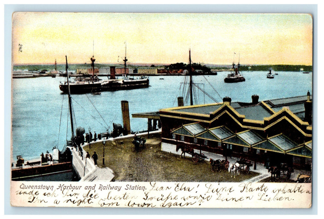 1907 Queenstown Harbor and Railway Station Posted Antique Postcard