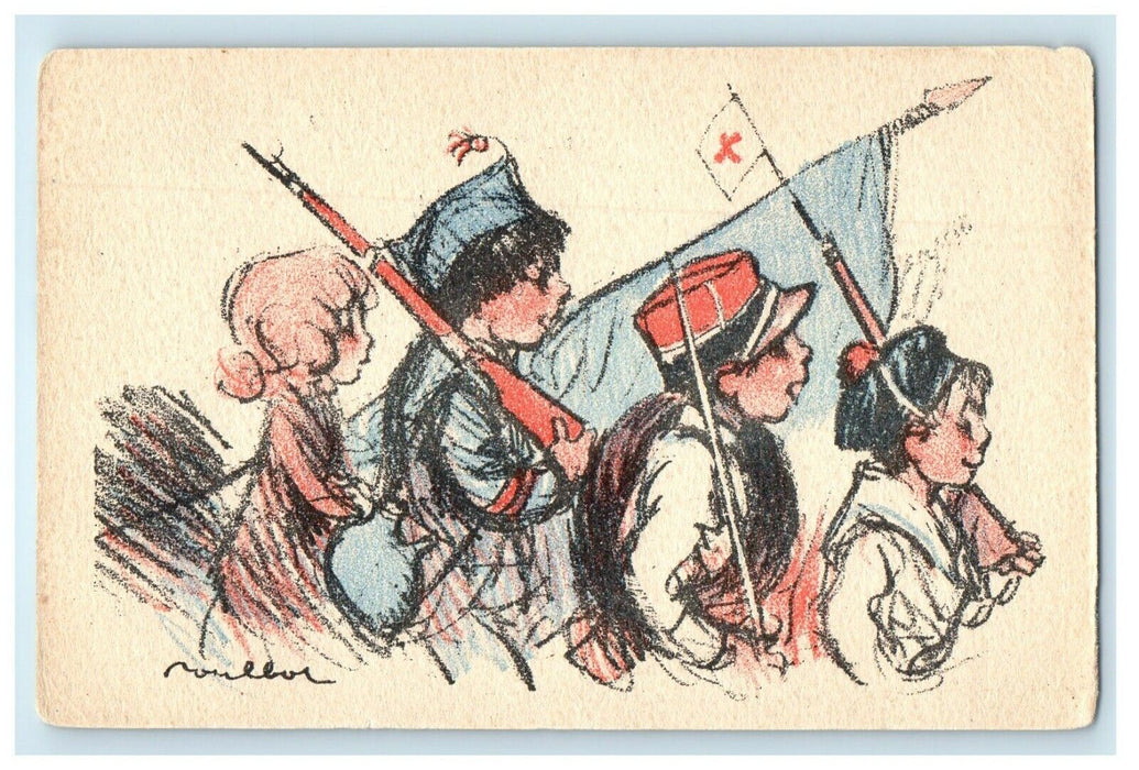 POSTCARD POULBOT #206 FRENCH CHILDREN MILITARY MARCH FLAG PATRIOTIC WW1 GUNS