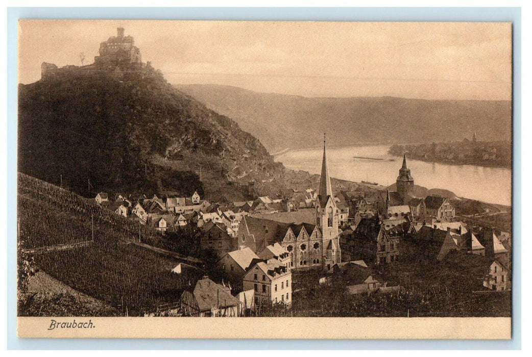 c1910 Bird's Eye View Rhein River Scene At Braubach Germany Postcard