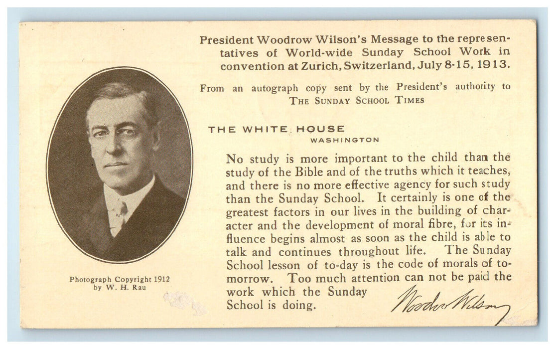 1915 President Woodrow Wilson Sunday School Times Church Christian Postcard
