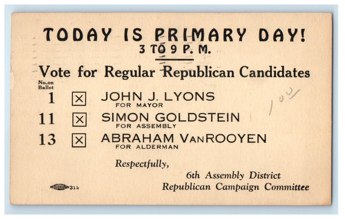 1925 Republican Candidates Campaign Committee Brooklyn New York NY Postcard