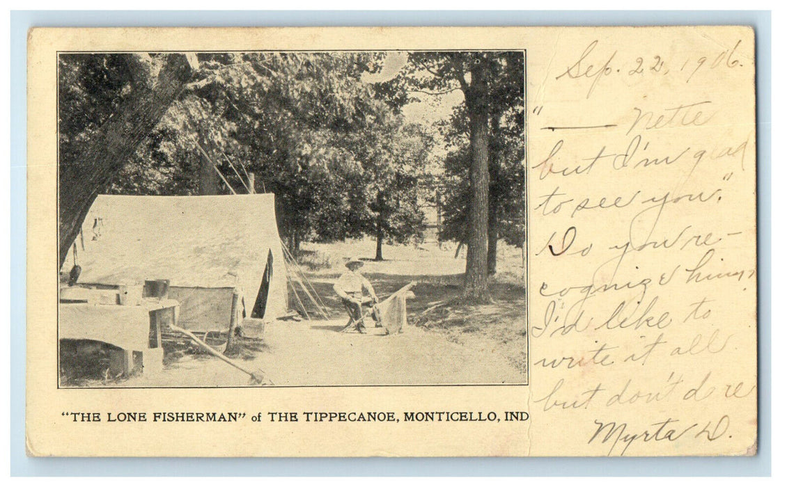 1906 Tent Scene, The Lone Fisherman of Tippecanoe Monticello Indiana IN Postcard