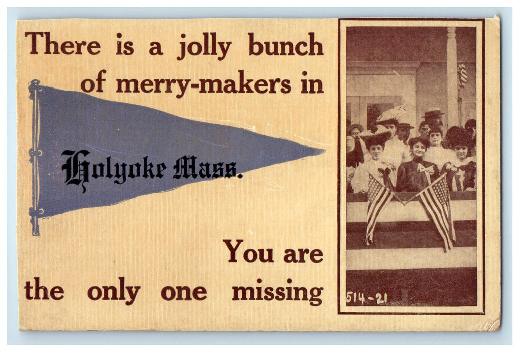 1913 Patriotic Bunting US Flags Holyoke Massachusetts MA Pennant Postcard