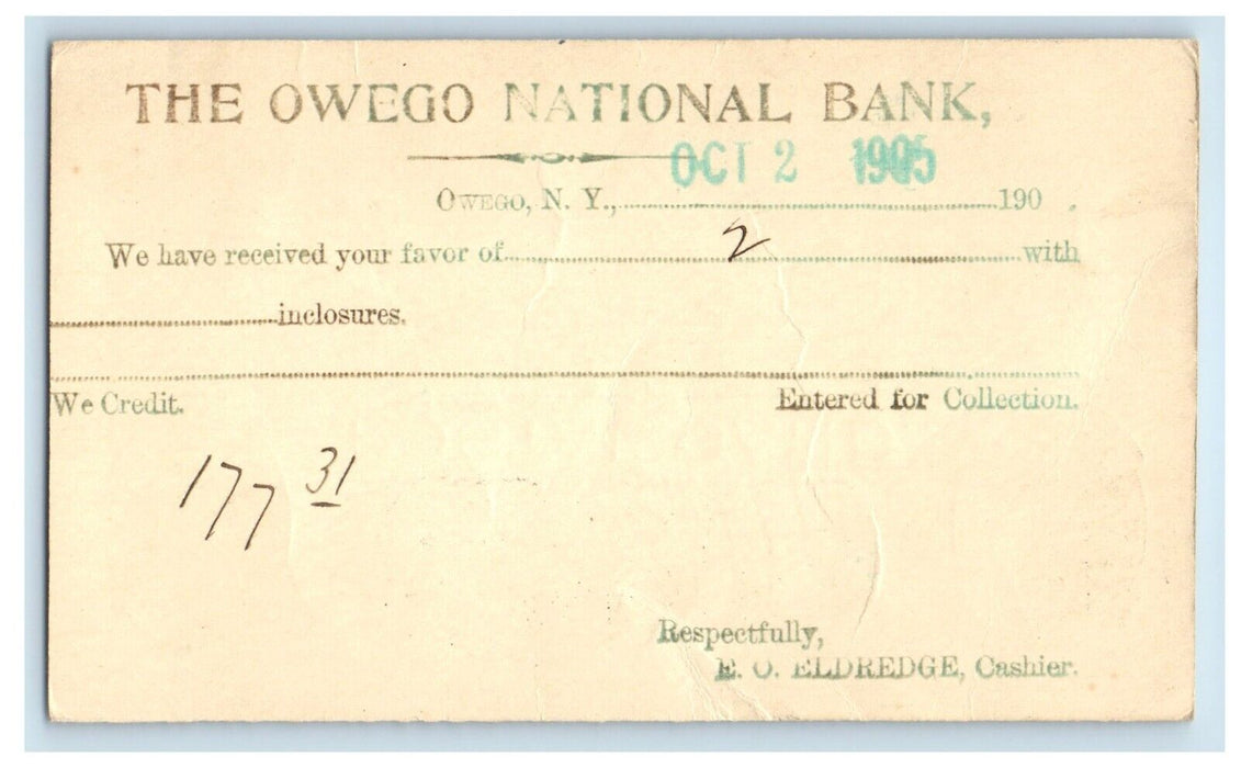 1905 The Owego National Bank Record Owego New York NY Advertising Postcard