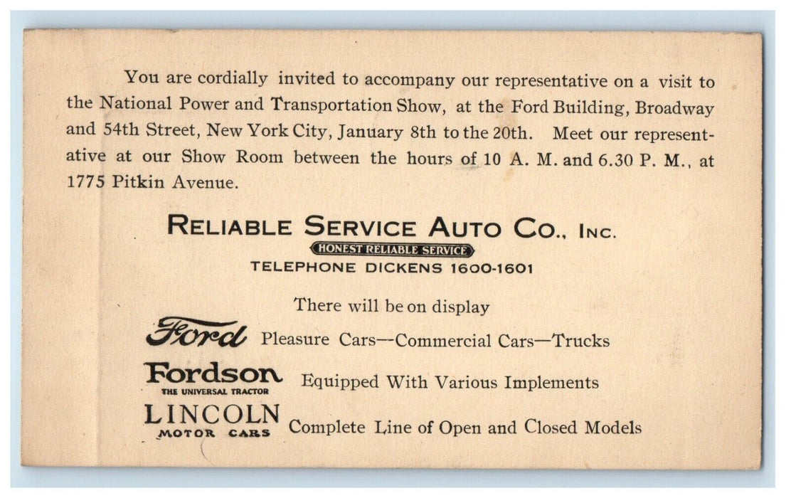 1923 Reliable Service Auto Co. Ford Cars New York City NY Advertising Postcard