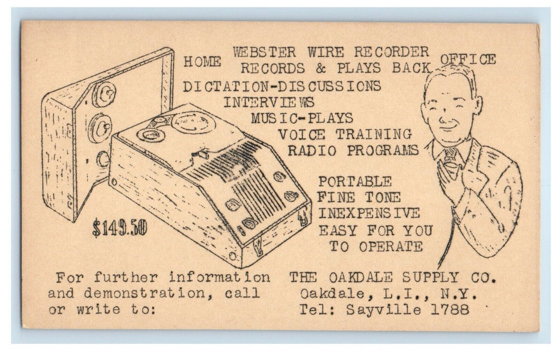 Webster Wire Recorder The Oakdale Supply Co. Long Island NY Advertising Postcard