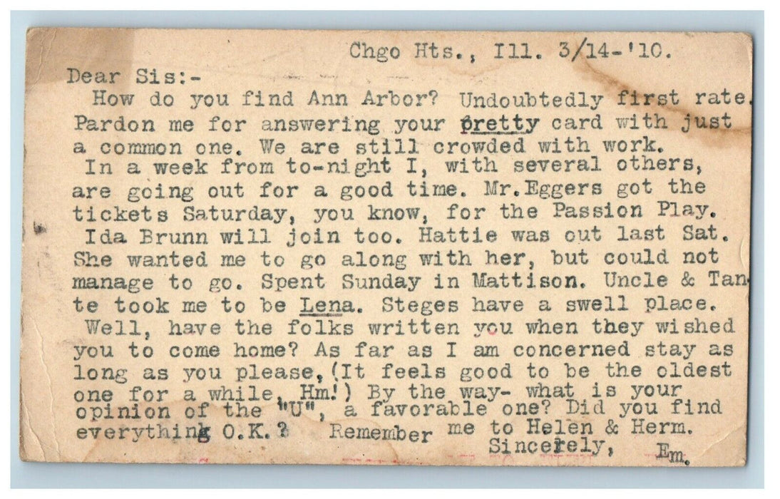 1910 Chicago Heights Ann Arbor MI Letter University Passion Play Postcard