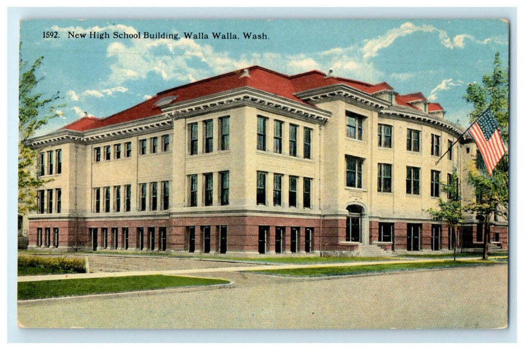 c1910 's New High School Buildings Flag Walla Walla Washington WA Postcard