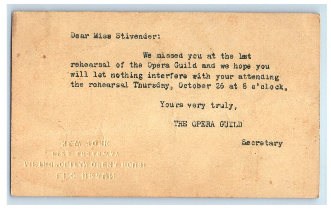 1933 Metropolitan Opera House Guild Rehearsal Advertising New York NY Postcard