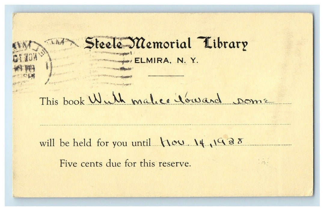 1938 Steele Memorial Library Book Reservation Advertising Elmira NY Postcard