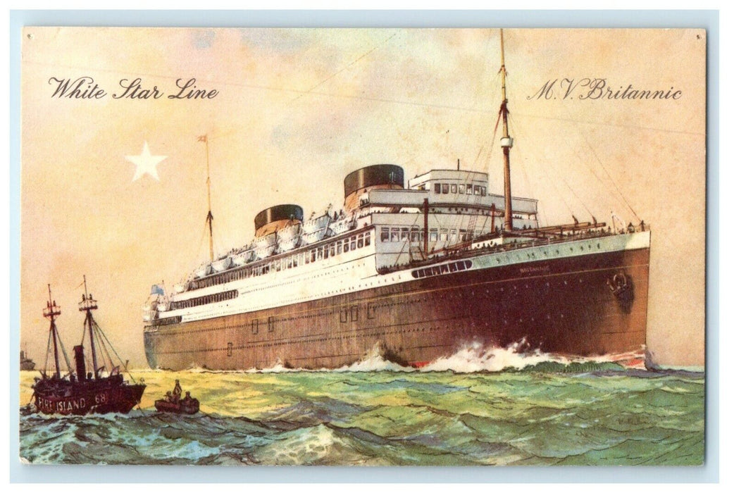 c1910's White Star Line M.V Brittanic Steamer Ship Largest Motor Vessel Postcard