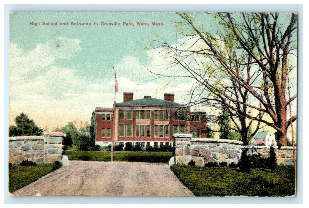 1913 High School And Entrance To Grenville Park Ware Massachusetts MA Postcard