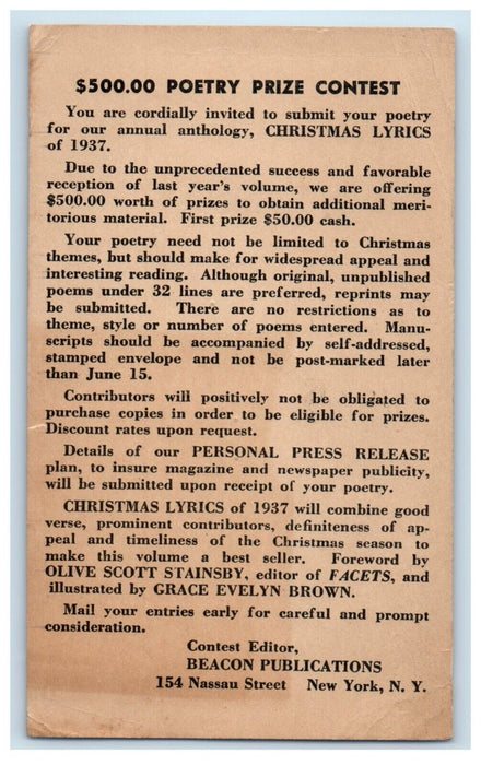 1937 Poetry Prize Contest Beacon Publications New York NY Advertising Postcard