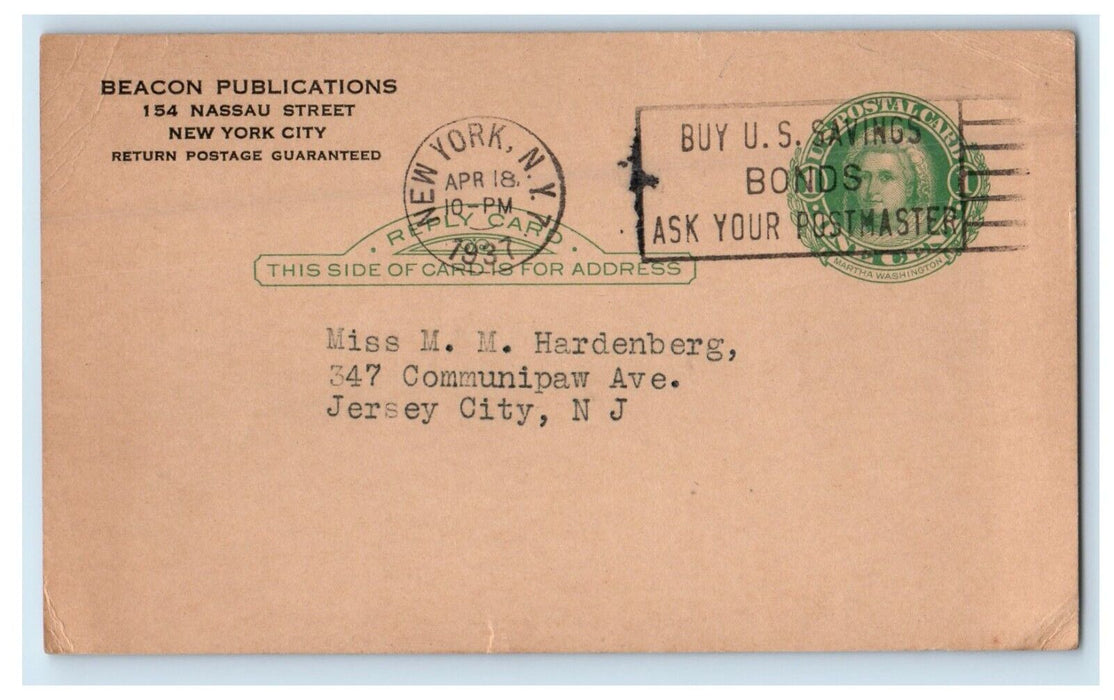 1937 Poetry Prize Contest Beacon Publications New York NY Advertising Postcard