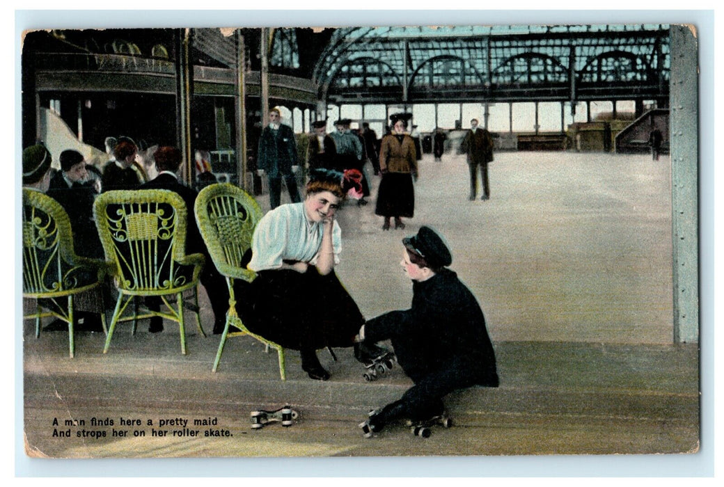 c1910 Victorian Boy & Girl Roller Skating Germany Antique Postcard