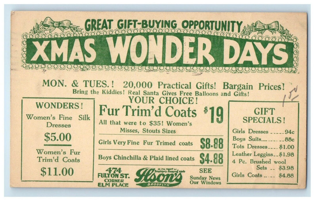 1926 Ilson's Brooklyn Shopping Center NY, Xmas Wonder Days Advertising Postcard