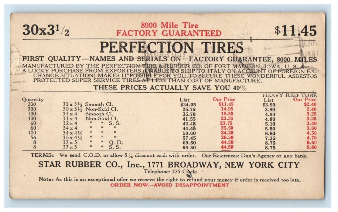 Perfection Tires Star Rubber Co. Inc. List And Prices Advertising NY Postcard