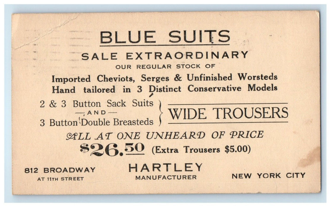 1924 Blue Suits Cheviots Serges  Worsteds New York City NY Advertising Postcard