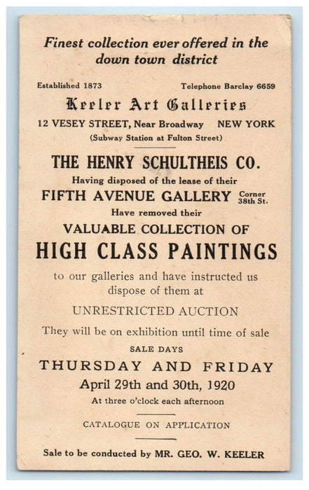1920 High Class Painting Art Galley Auction New York NY Advertising Postcard