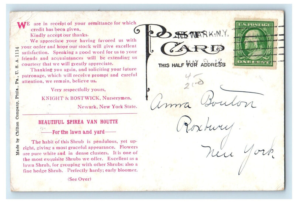 1912 Spirea Van Houtte Flowers Newark New York  Advertising NY Postcard