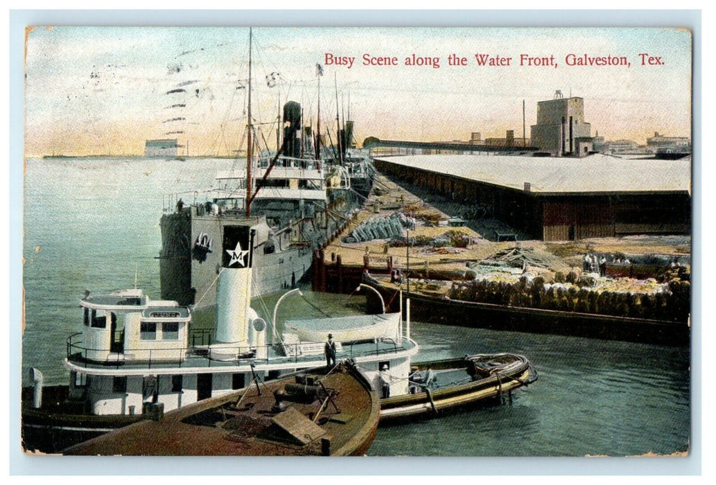 1908 Busy Scene Along The Water Front Galveston Texas TX Antique Postcard