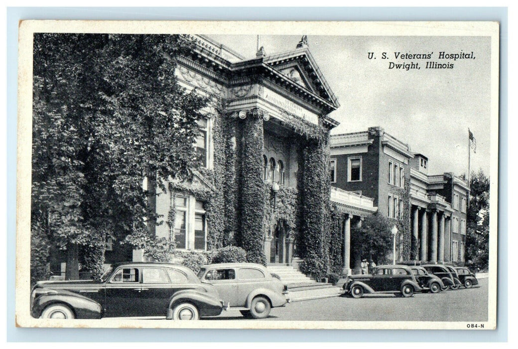 c1930's U.S Veterans Hospital Cars Front Dwight Illinois IL Vintage Postcard