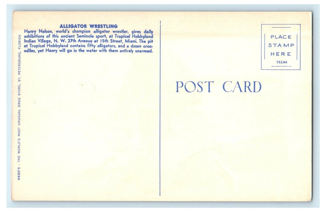 c1940's Tropical Hobbyland Alligator Wrestling Miami Florida FL Postcard