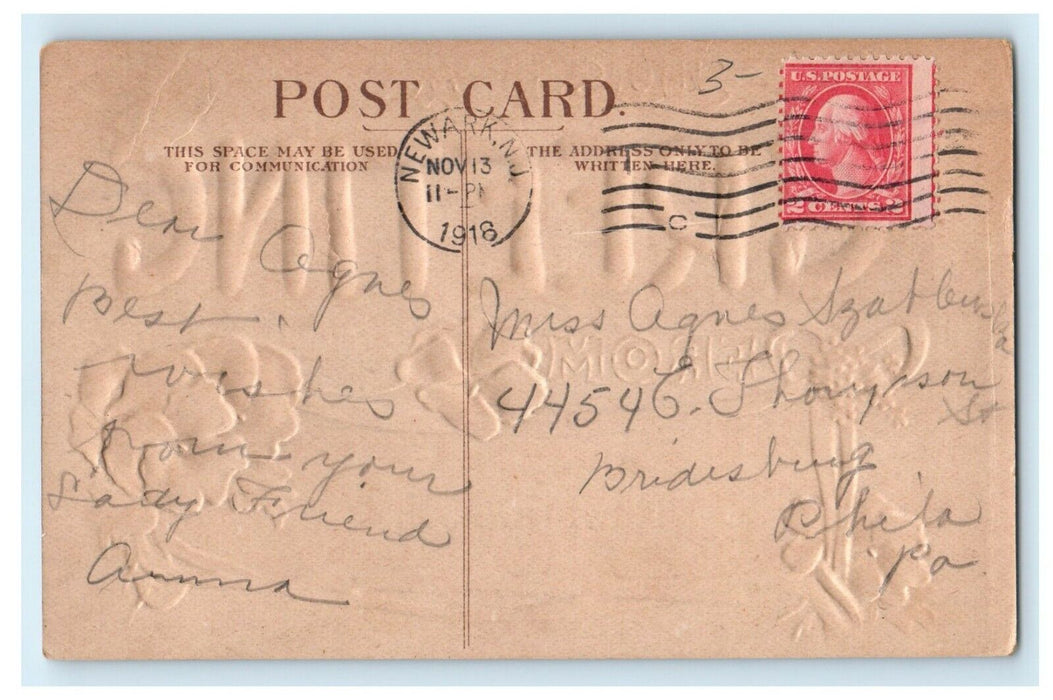 1918 Just A Greetings From Newark New Jersey NJ Embossed Flowers Postcard