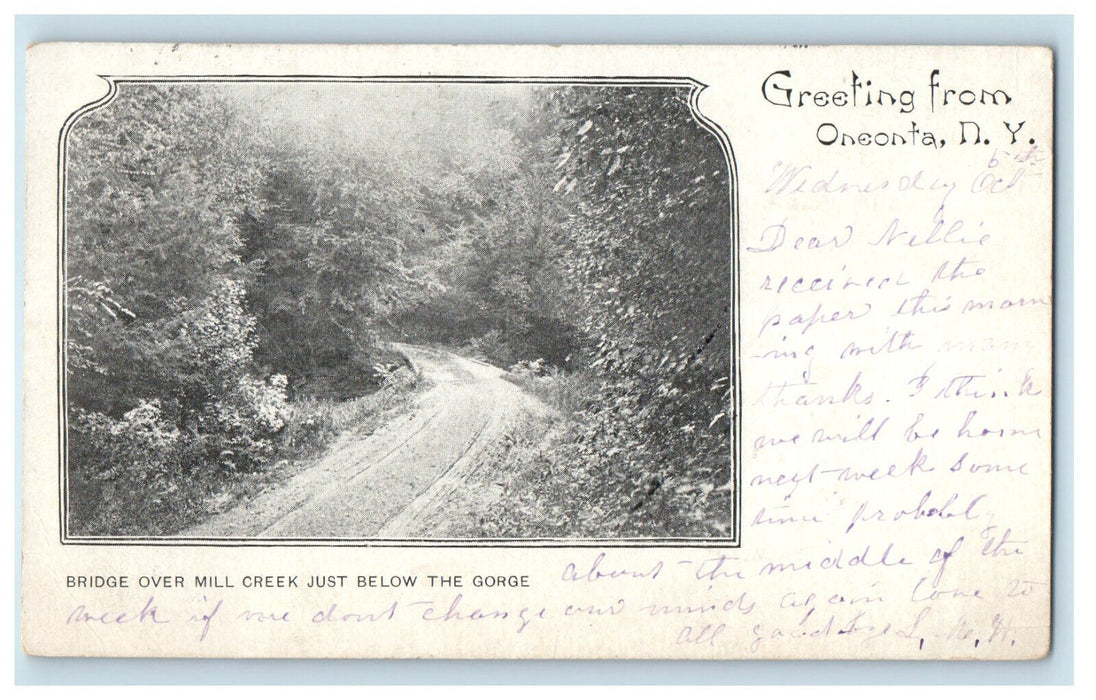 1904 Bridge Over Mill Creek Greeting from Oneonta NY PMC Antique Postcard