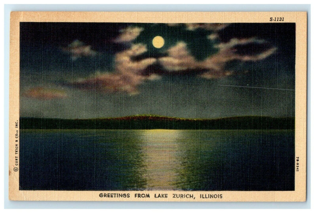 c1930's Greetings From Lake Zurich Illinois IL, Sea Moonlight View Postcard