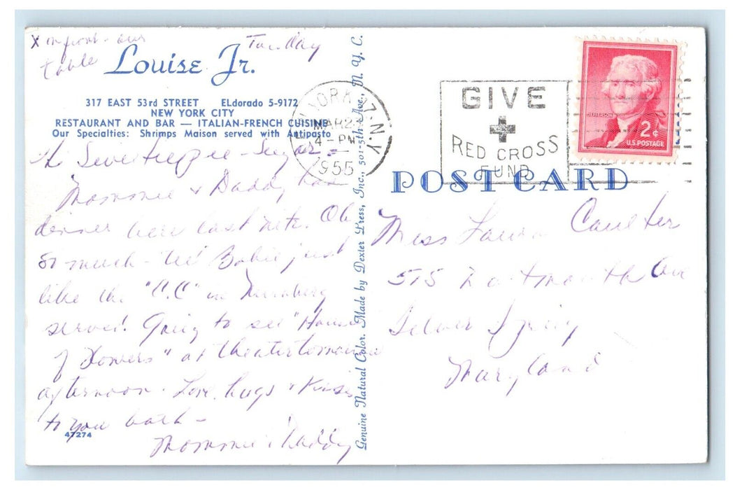 1955 New York City NY, Restaurant And Bar Italian French Cuisine Postcard