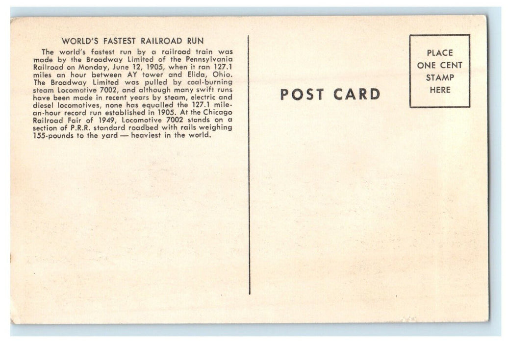 1949 Pennsylvania Fastest Locomotive Train 7002 Chicago Railroad Fair Postcard