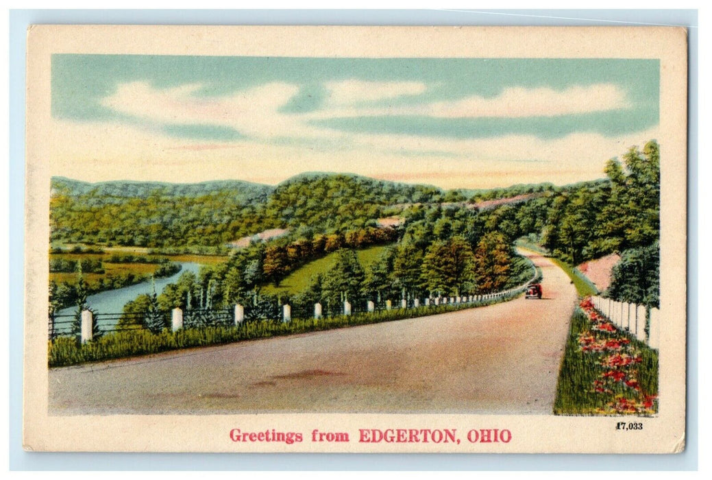 Greetings From Edgerton Ohio OH Road Car River View Vintage Postcard