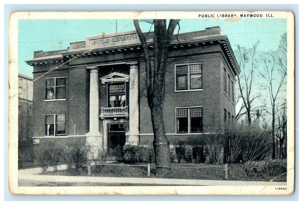1930 Tree Trunk View, Public Library Maywood Illinois IL Vintage Posted Postcard
