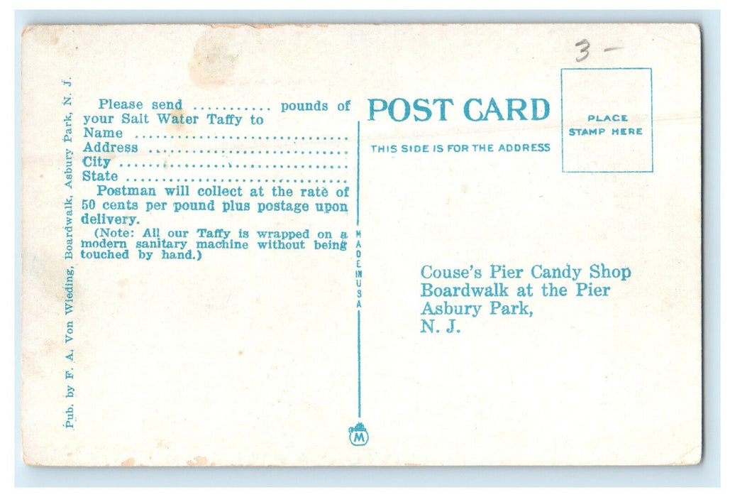 c1920 Couse's Pier Candy Shop, Asbury New Jersey NJ Advertising Postcard