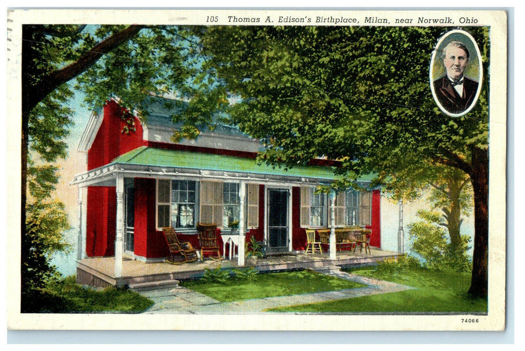 1939 Thomas A Edison Birthplace Milan Near Norwalk Ohio OH Portrait Postcard