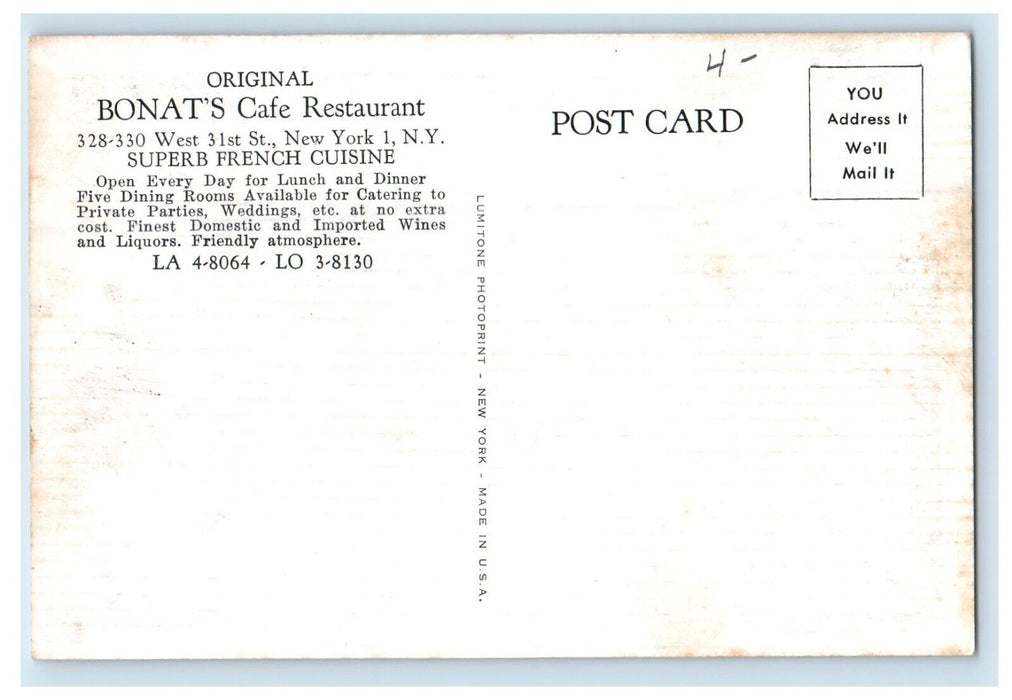Bonat's Cafe Restaurant Interior Dining Room New York NY Unposted Postcard