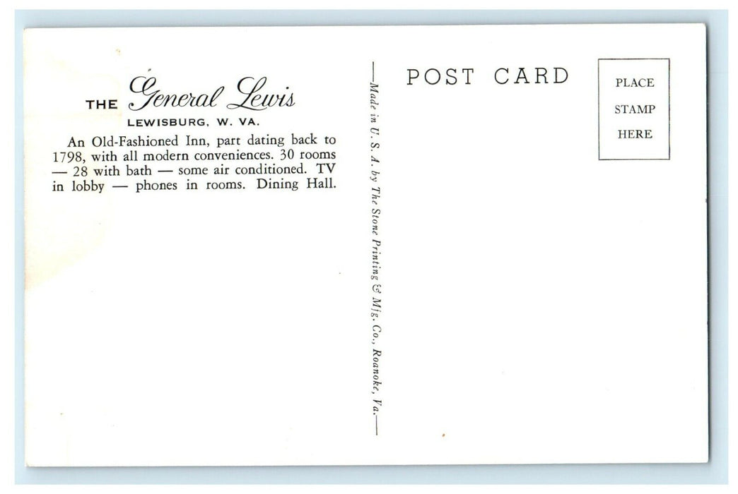 c1940's The General Lewis Inn Lewisburg West Virginia WV Vintage Postcard