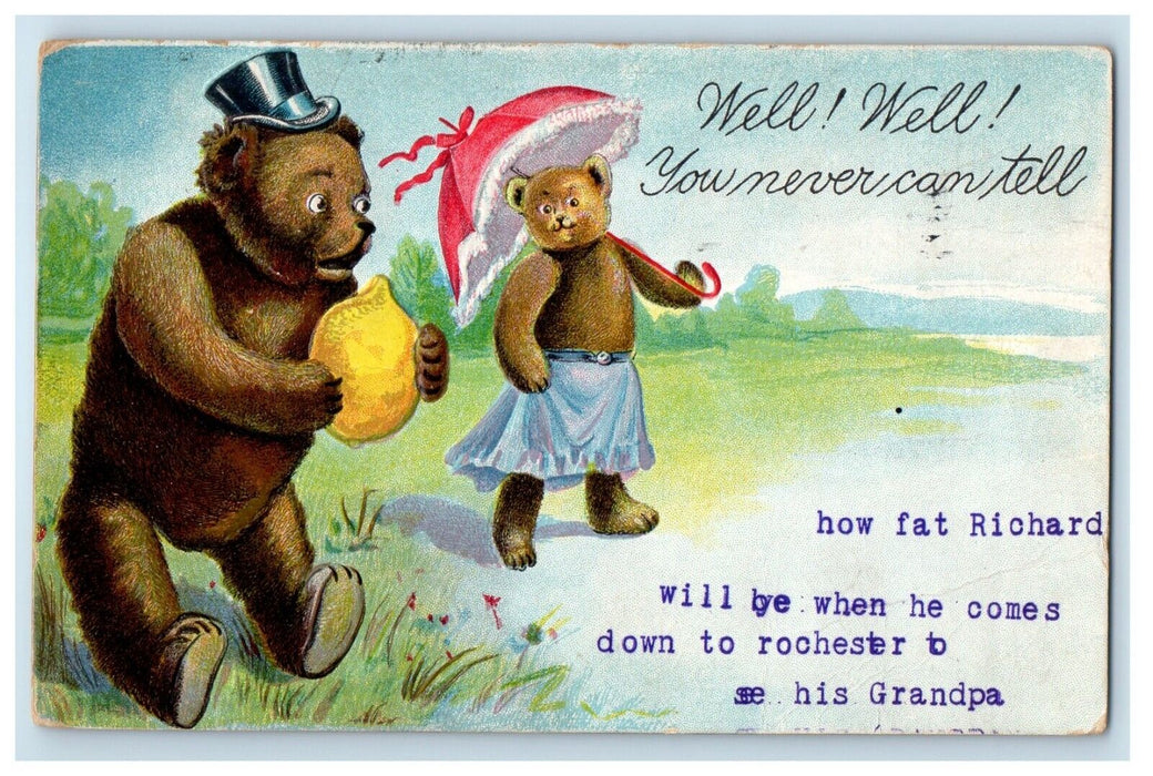 1908 Greetings From Rochester NY, Lemon Teddy Bears Umbrella Embossed Postcard