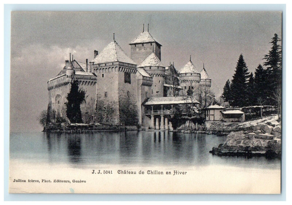 c1910's Chateau De Chillon En Hiver Veytaux Switzerland Handcolored Postcard