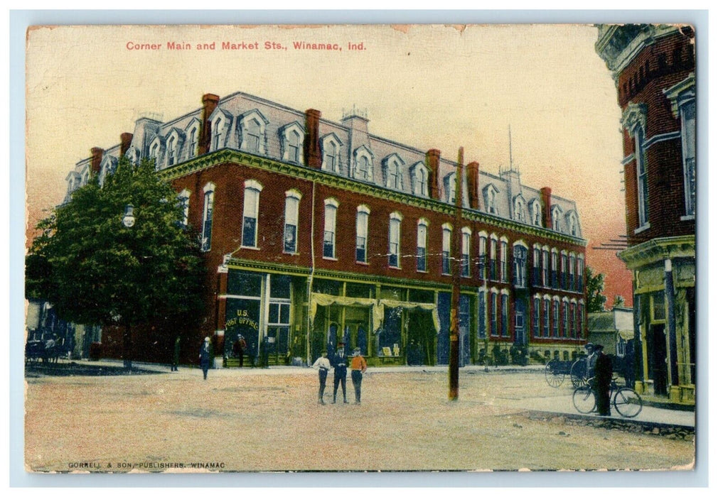 c1910's Corner Main And Market Sts. Winamac Indiana IN Posted Antique Postcard
