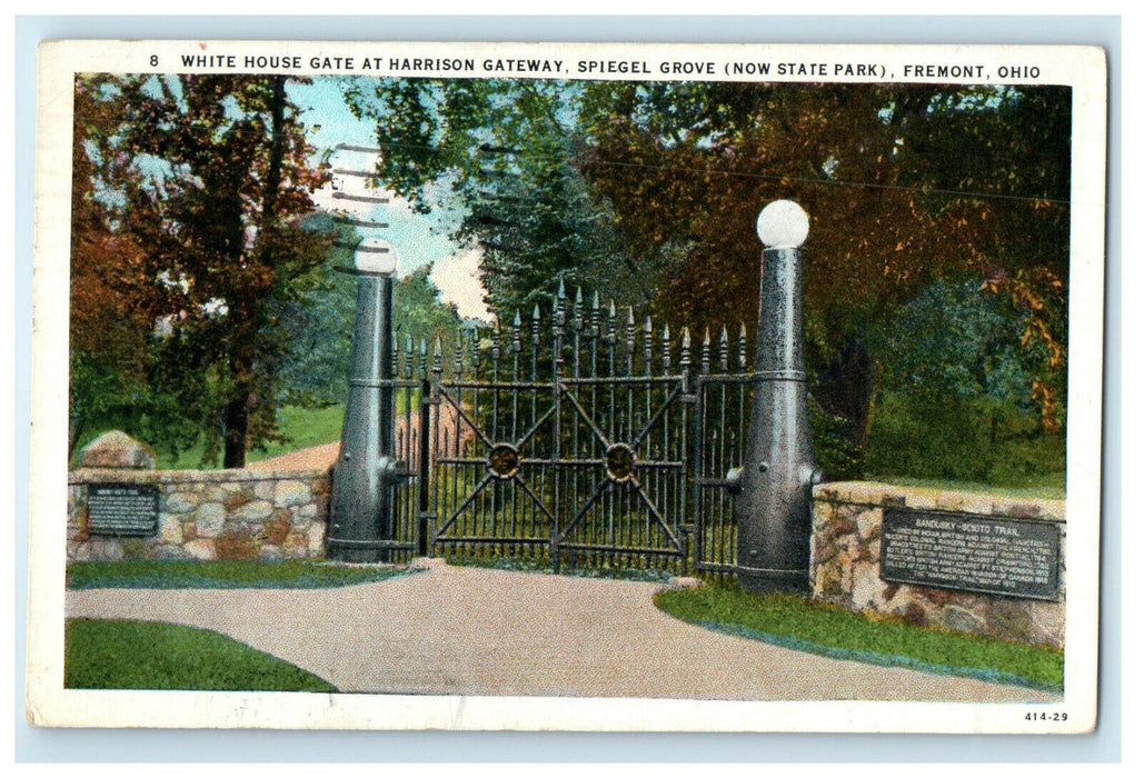 1936 White House Gate at Harrison Gateway Spiegel Grove Fremont Ohio OH Postcard