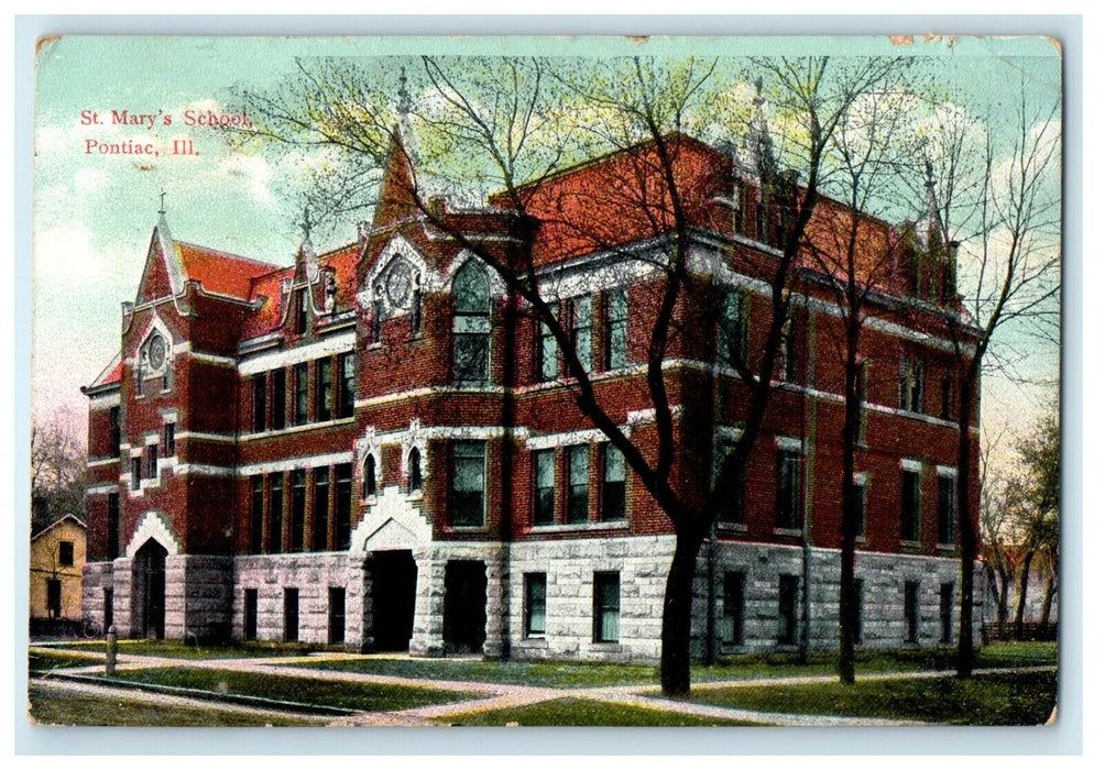 1909 The St. Mary's School Building Pontiac Illinois IL Antique Postcard