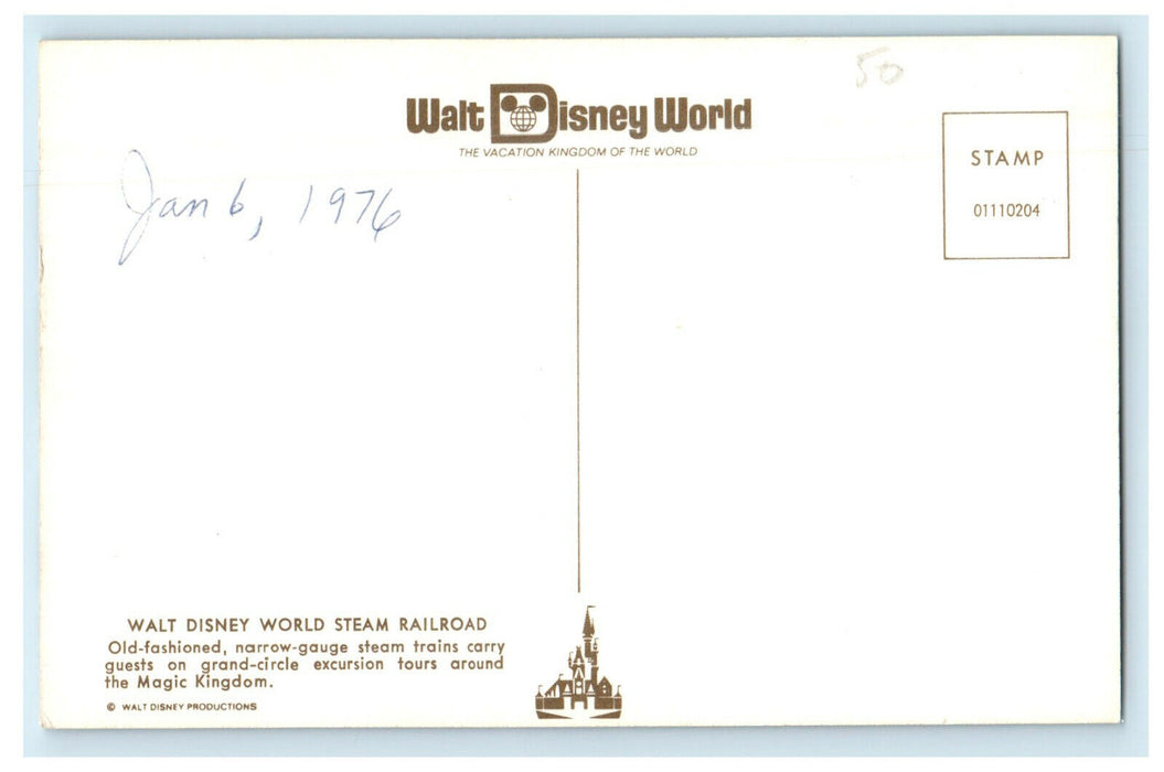 1976 Walt Disney World Steam Railroad Touring Guests In Magic Kingdom Postcard