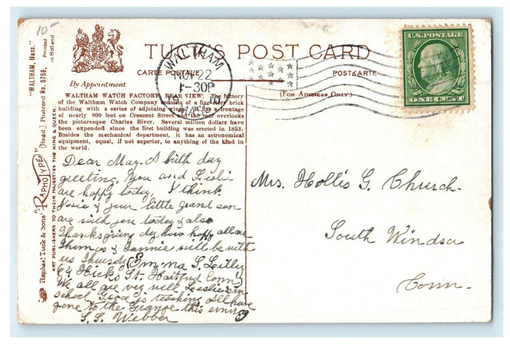 1910 Tuck's Waltham Watch Factory Rear View Waltham Massachusetts MA Postcard