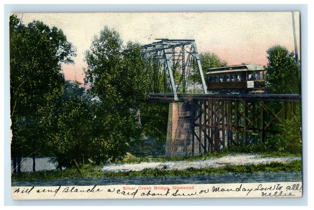 1908 Silver Creek Bridge Trolley Train Glenwood Indiana IN Antique Postcard