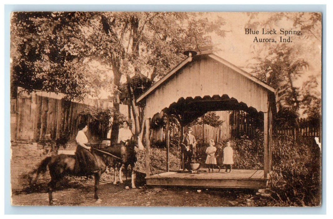 1914 Blue Lick Spring Girl Riding Horse Aurora Indiana IN Antique Postcard