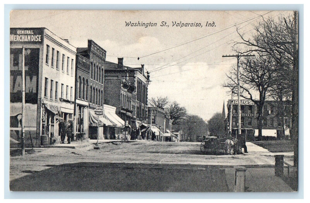 1908 Washington Street View Horse Cart Valparaiso Indiana IN Antique Postcard